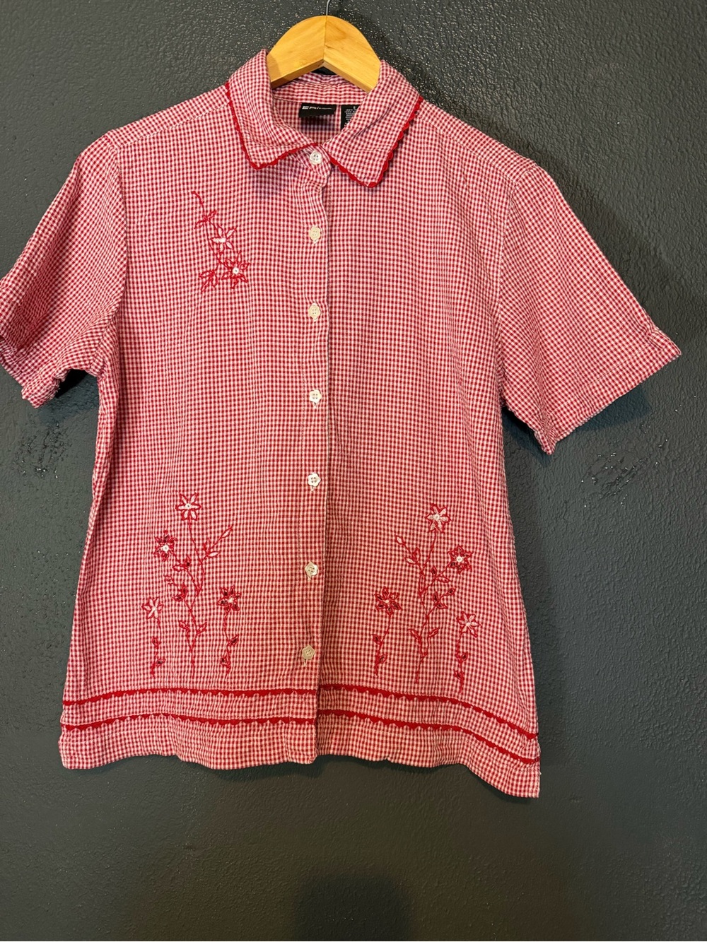 Erika Red and White Gingham Button-Down Shirt with Floral Embroidery